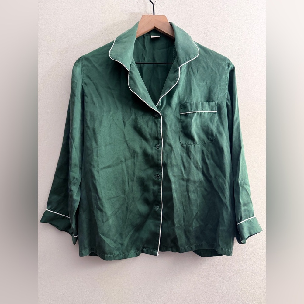 Silksilky Pure Silk Classic Binding Trim Pajama Top Shirt long sleeve dark green
